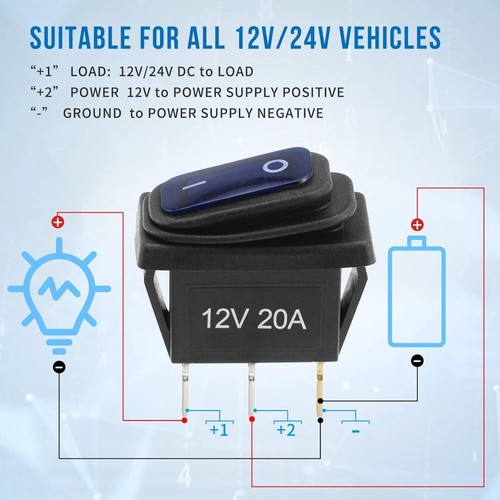 5x 12v Rocker Toggle Switch Waterproof SPST 3 Pin On Off Blue LED Car Boat C452 - Picture 5 of 7