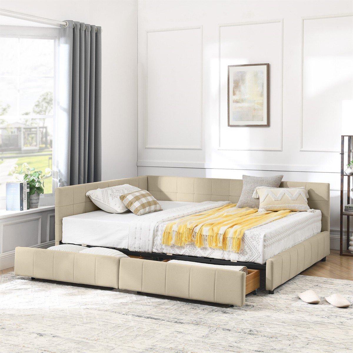 Full Size Daybed Velvet Upholstered Bed Frame Sofa Bed with 2