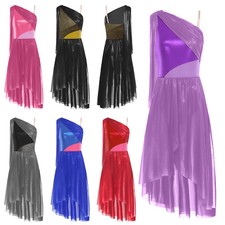 Womens Color Block Lyrical Dance Costume Irregular Tulle Dress Ballet Costume