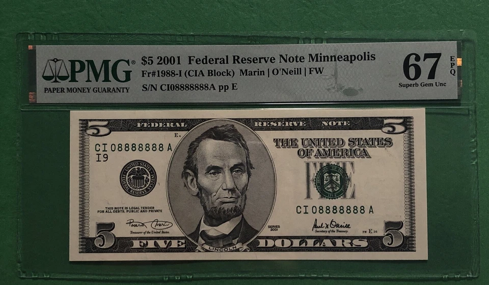 Super Rare Rich !!2001 $5 dollar Binary Almost Solid # Number 08888888 PMG#67 - Image 2 of 3