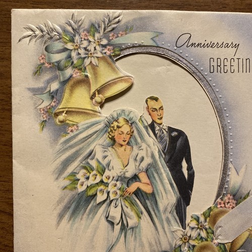 Tarjeta de felicitación vintage de feliz aniversario de los años 40 boda y campanas troqueladas P5c - Imagen 2 de 22