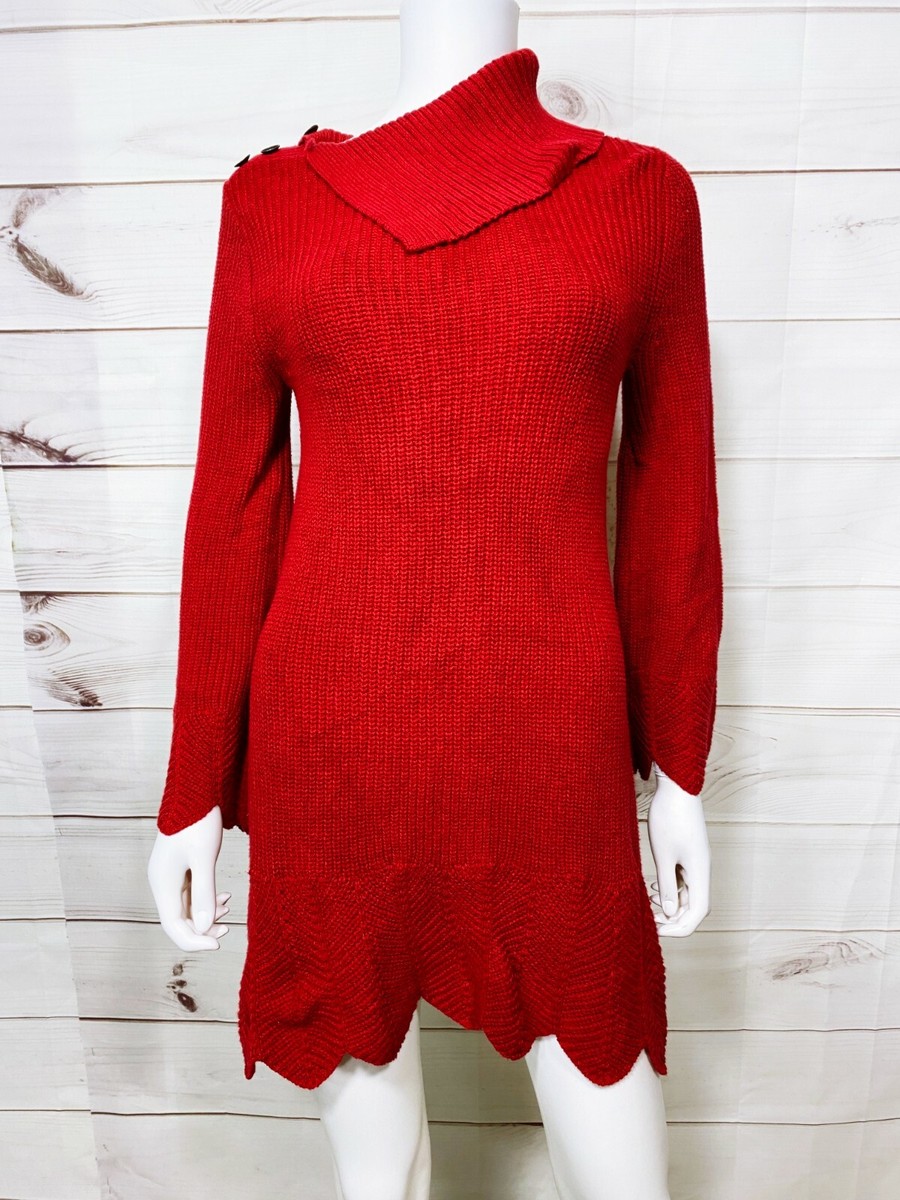 Style & Co. Womens Short Sweater Dress Size S Red Scalloped Hem Long Sleeve