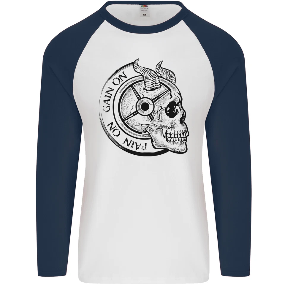 No Pain No Gain Teufel Schädel Gym Training Herren L/S Baseball Maglietta - Bild 2 von 4