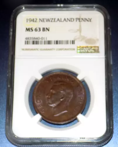1942 NEW ZEALAND MS63 MS 63 BN PENNY 1P NGC Certified Graded UNC NZ Kiwi Coin