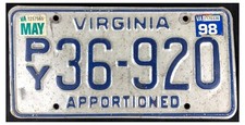 Virginia 1998 APPORTIONED SEMI TRACTOR License Plate P/Y36-920!
