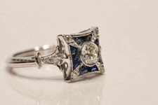Old European Blue Sapphire  White CZ Antique Inspire Women's Engagement Ring