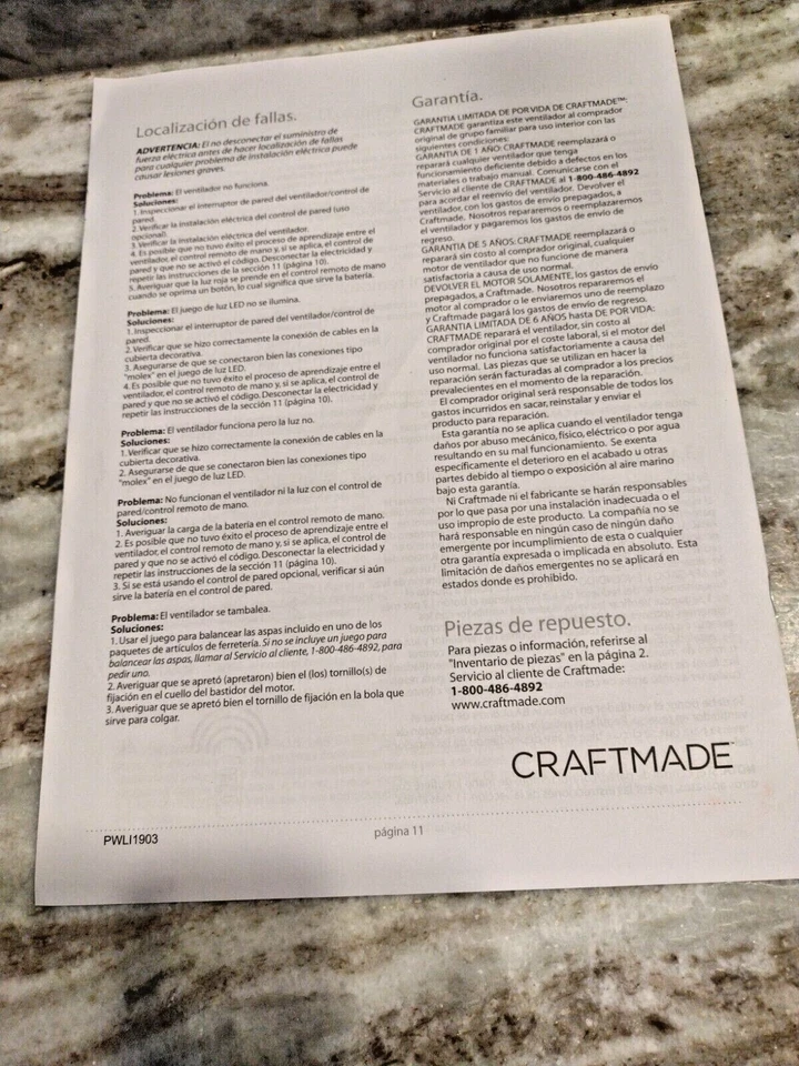 Craftmade VS60-LED Vesta 60" Guia de instalacion MANUAL ONLY SPANISH VERSION - Image 3 of 4