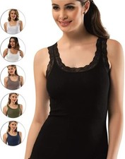 Wome's Sleeveless Ribbed Cotton Tank Top Camisole with Lovely Lace Trim Soft