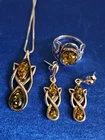 Vintage GREEN BALTIC AMBER Necklace Sterling Silver Dangle Jewelry Set