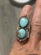 STERLING SILVER NATIVE AMERICAN SW NUMBER 8 TURQUOISE 2 STONE RING ADJ .925