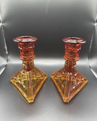 Tiara Crystal Amberina Constellation Sunset Pair of Triangular Base Candlesticks
