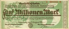 Hamburg Hansestadt 5 Millionen Mark 1923 gebr. Wz. dunkle Kreuze A KN braun