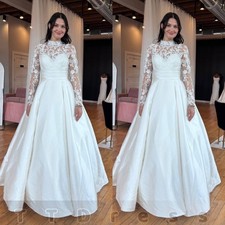 High Neck Long Sleeve Wedding Dresses Lace Appliques Satin A Line Bridal Gowns