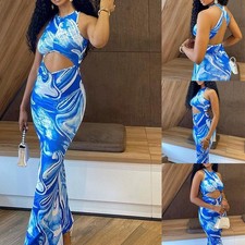 Women's Blue Marble Print Cutout Maxi Dress Halter Neck Bodycon Party S-3XL