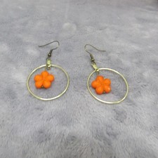 Orange Flower Bead Dangle Hoop Earrings Gold Tone Charm Jewelry