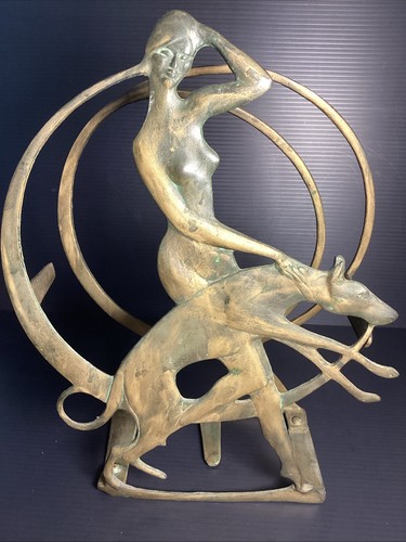 ANTIQUE BRONZE USA ART DECO NUDE LADY DOG FISH TANK GLASS BOWL STAND HOLDER RACK
