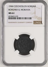 Czech Bohemia & Moravia 1 Koruna 1944 Zinc NGC MS61 WWII German Protectorate