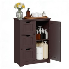 Bathroom Floor Storage Cabinet Organizer Adjustable Shelf w/ 3 Drawers Brown