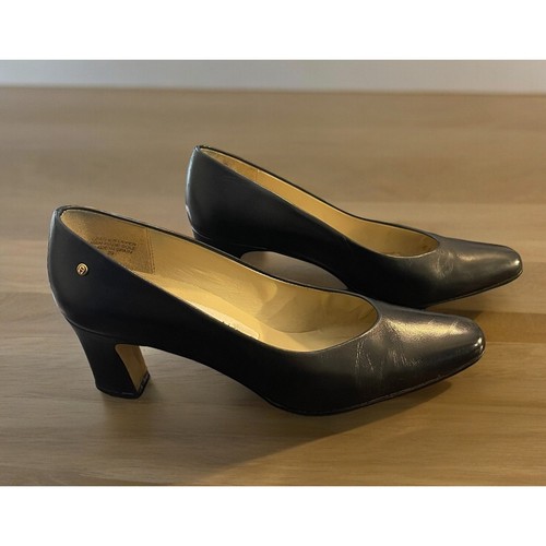 Etienne Aigner Shoes Womens 6.5 M Black Leather Pumps Block Heels Logo