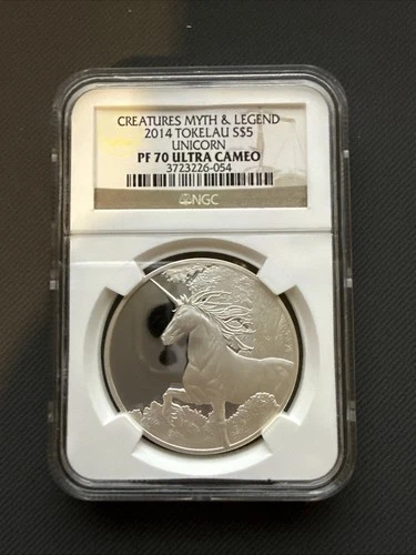 2014 Tokelau Unicorn $5 Silver PF70 UC NGC Creatures Myth & Legend Coin