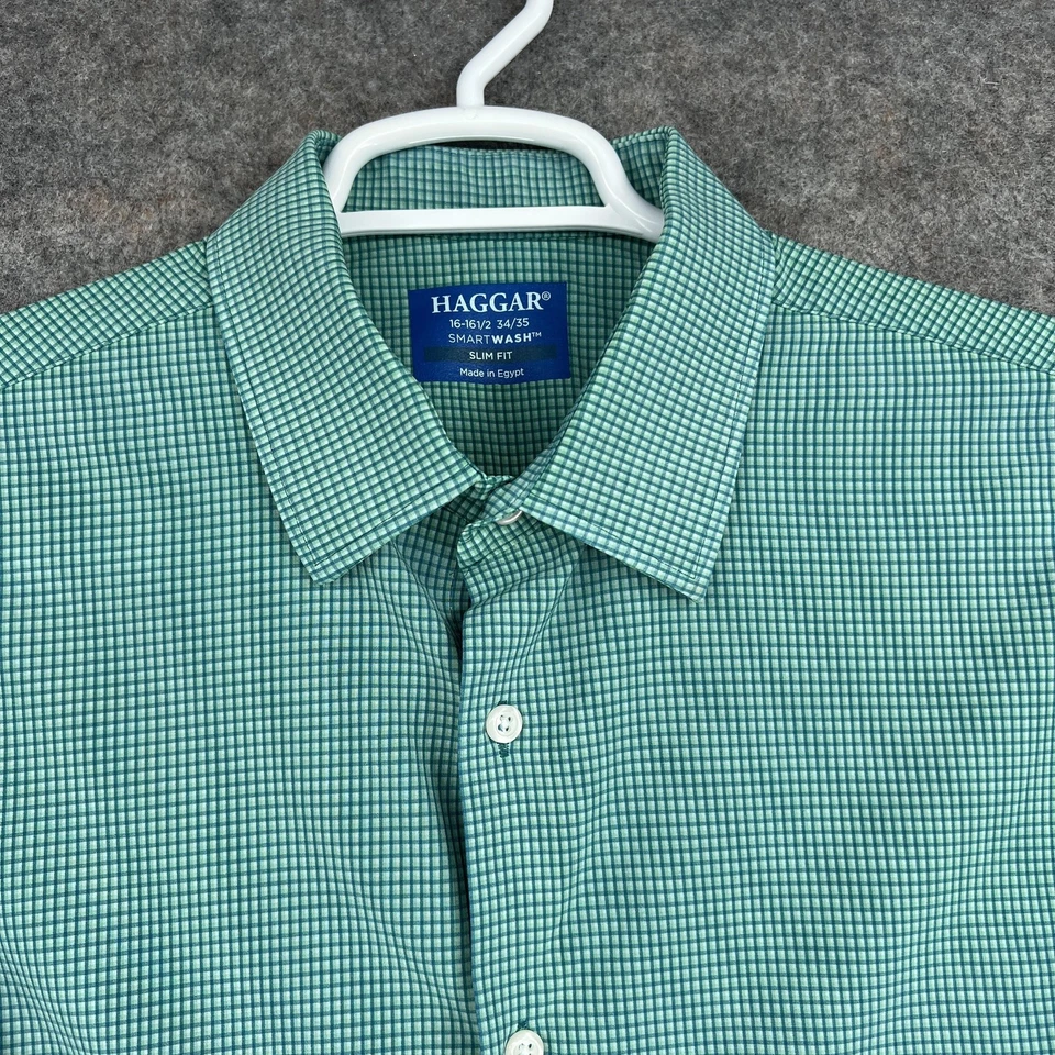 Camisa Haggar Camisa Abotonada Hombres 16-16.5 Verde Cuadros Calce Ajustado Cuadros Manga Larga Foto 2 de 4