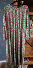 Size S Green & Pink Abstract Chiffon Ruffle Balloon Sleeve Maxi Dress