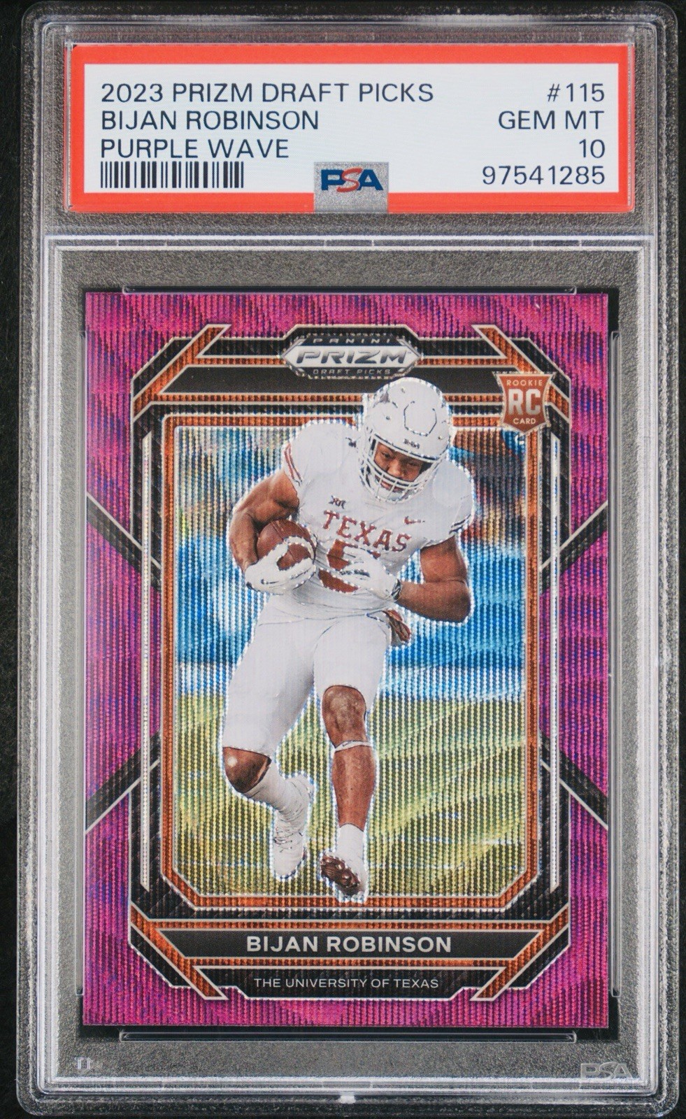 2023 PANINI PRIZM DRAFT PICKS BIJAN ROBINSON #115 PURPLE WAVE RC PSA 10 POP 12