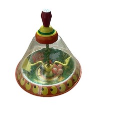 Vintage Tin Metal Large Spinning Top Toy With Animals by Ohio Art, Working