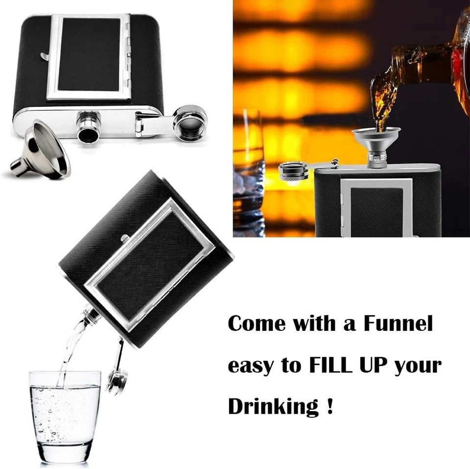 Stainless Steel Flask Leakproof with Cigarette Case Black Leather - Image 3 of 4