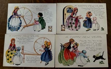 Lot of 4 Whitney New Year~Children~Lady~Cat ~Antique  Postcards~m112