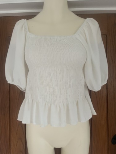 Top Blouse Shirred Puff Sleeves Off White Size 12 New Look