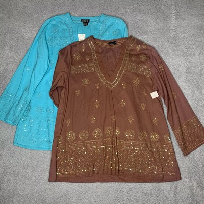 (LOT of 2) Betty B Diva Ji Tops OS Brown Sequin Turquoise Boho Tunic Blouses