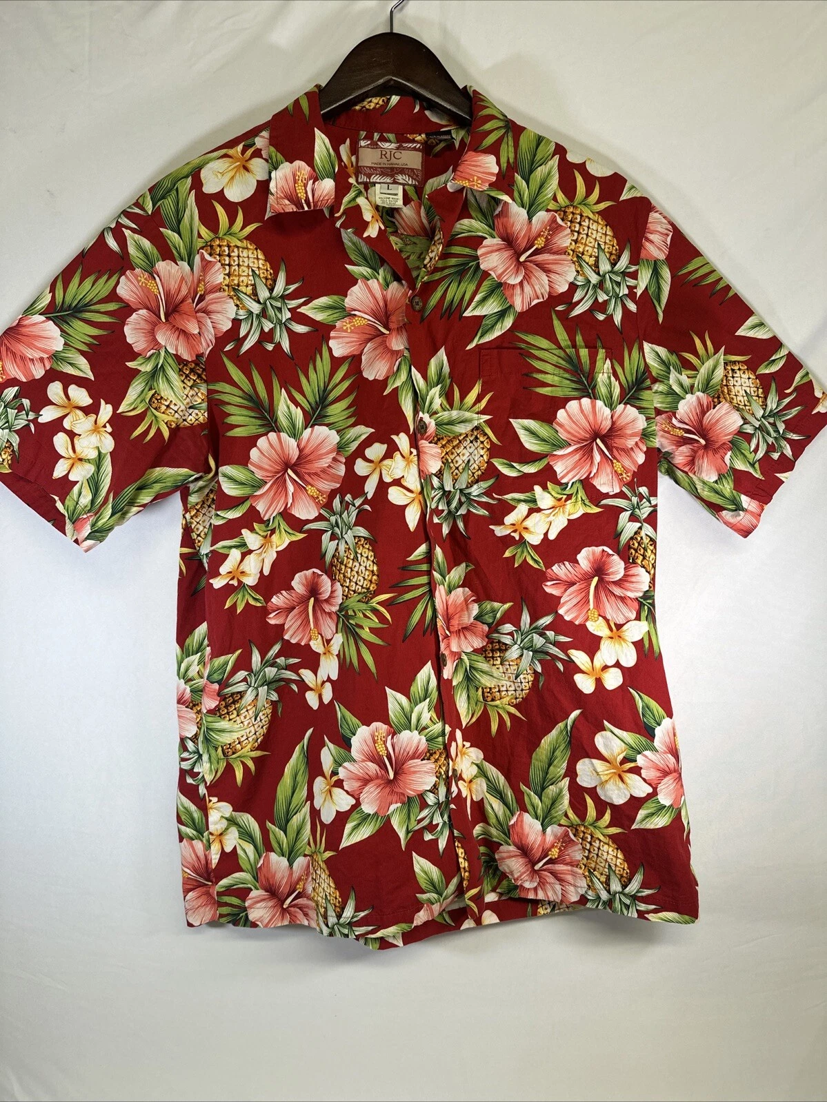 RJC Hawaiian Style Shirt Multi Colored Hibiscus Pineapple and Palms Men's Size L