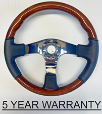 CLASSIC 3 SPOKE CHROME LEATHER WOODRIM WOOD VINTAGE CAR STEERING WHEEL 350MM 14"
