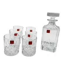 RCR Luxion Crystal Glass Whisky Set 1 Bottle Decanter 6 Tumblers NIB Box Damaged