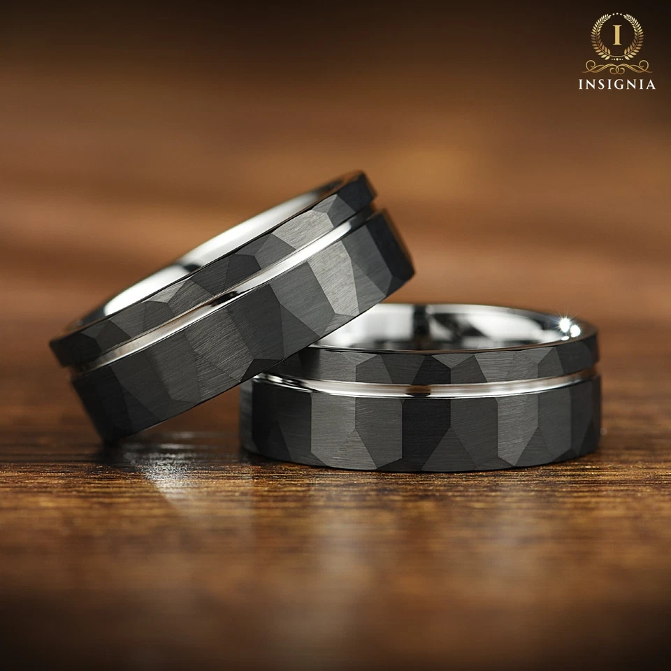 Mens Wedding Band Black & Silver  - Tungsten Engagement /Promise Ring for Him UK - Image 3 of 4