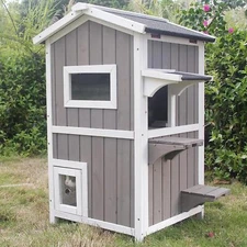 PetsCosset Outdoor Cat Shelter Two Story Wooden Cat House with Roof,Grey