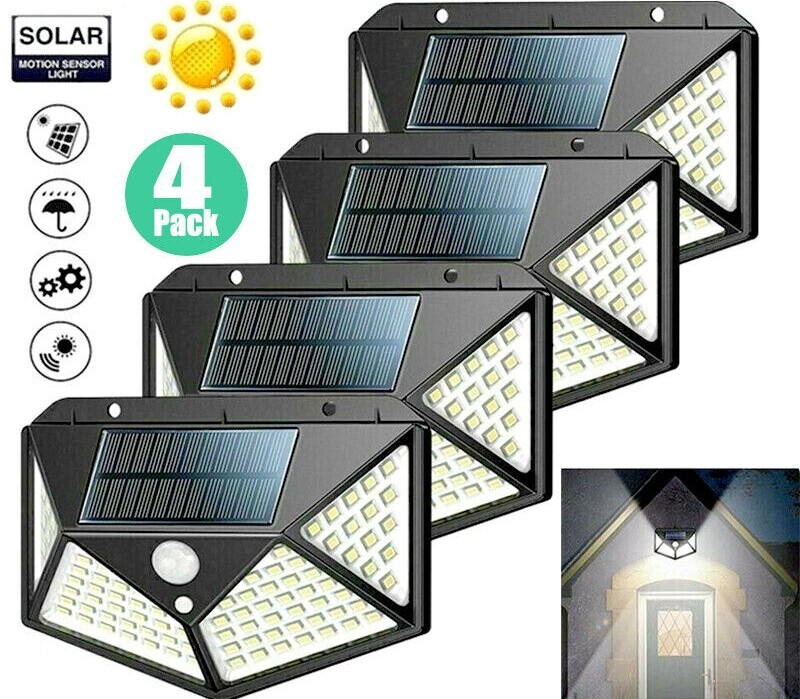 4X Energía Solar Movimiento Pir Sensor Pared Luces 100LED Seguridad Jardines Luz