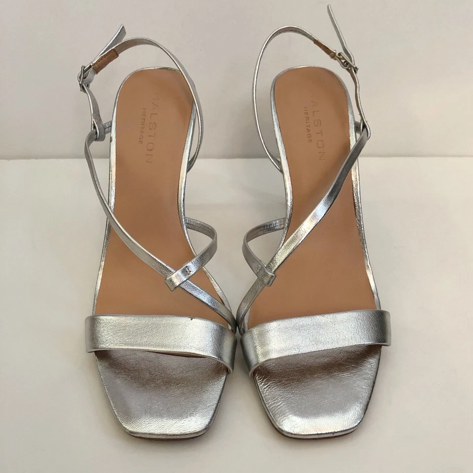 Halston Heritage Womens Isla Heels Stiletto Strappy Silver Square Toe 8M - Image 2 of 4