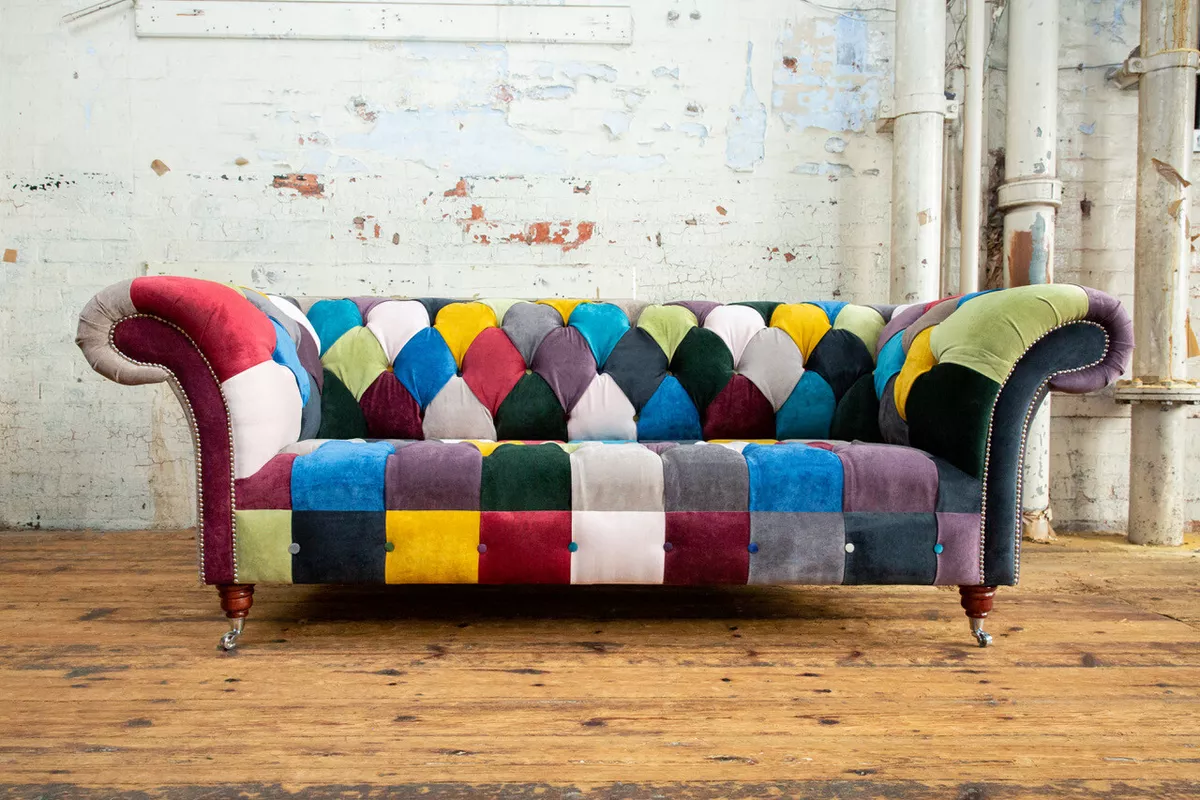 HANDMADE 3 SEATER BRIGHT MULTICOLOURED VELVET FABRIC PATCHWORK CHESTERFIELD SOFA