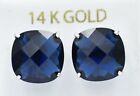 14k White Gold - Made In Usa Checkerboard Blue Sapphire 12.40 Cts Stud Earrings