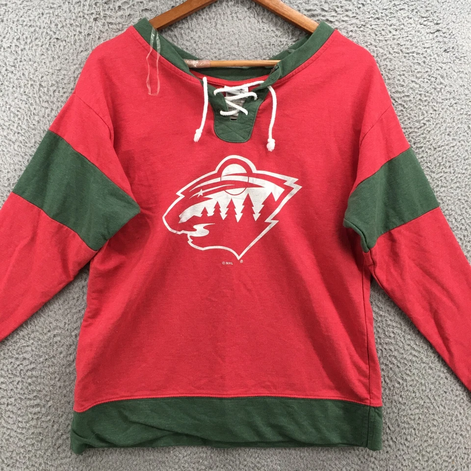 NHL Minnesota Wild рубашка женщин M 8/10 красный зеленый длинным рукавом пуловер галстук спереди - Изображение 2 из 4