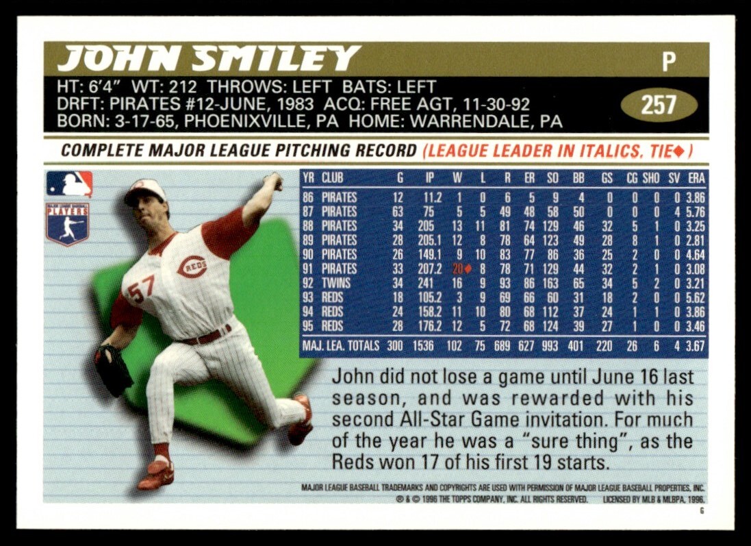 1996 Topps #257 John Smiley Cincinnati Reds | eBay