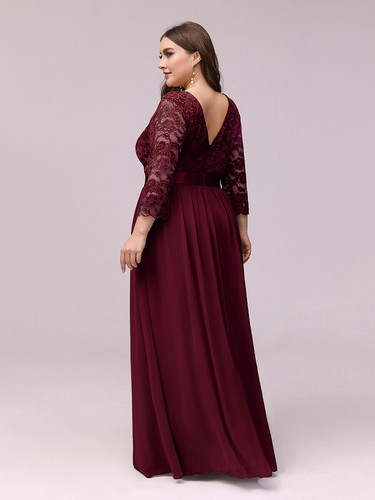 Plus Size Elegant Empire Waist Bridesmaid Dresses w/ Long Lace Sleeve - Picture 4 of 25