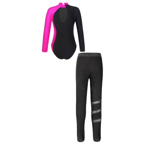 Girls Sets 2pcs Outfit Gymnastics Tracksuits Kids Leotard Keyhole Back Bodysuit - Picture 51 of 78
