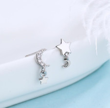 Adorable Silver Crescent Moon  Star Pave Cubic Zirconia Stud Earrings