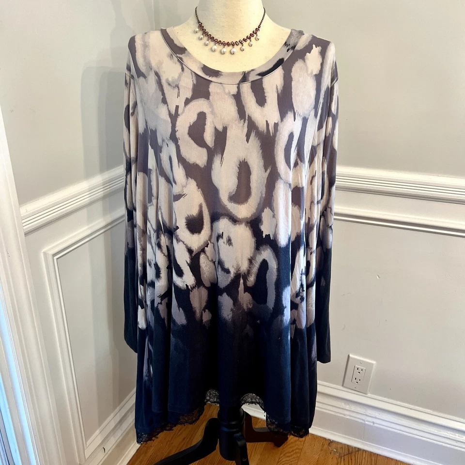 LOGO Lounge Lori Goldstein Women’s Tunic Top 4X Lace Hem Tie Dye Jersey Stretch