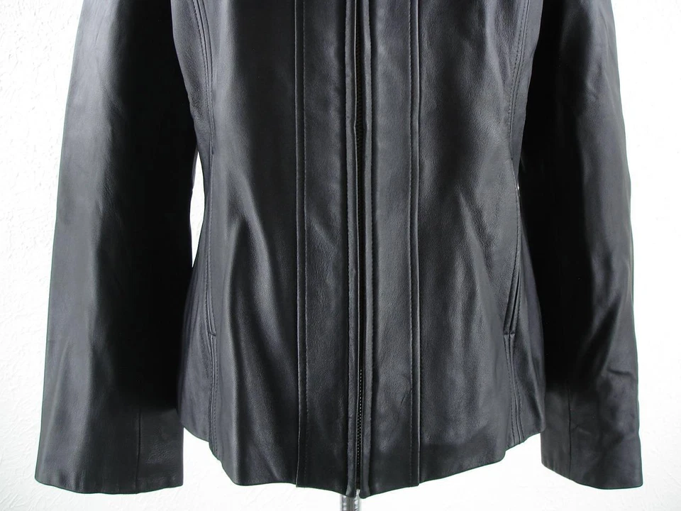 Mujer L Valerie Stevens Negro Suave Cuero Chaqueta Abrigo Vestido Vuelo Bombardero Cremallera Foto 3 de 4