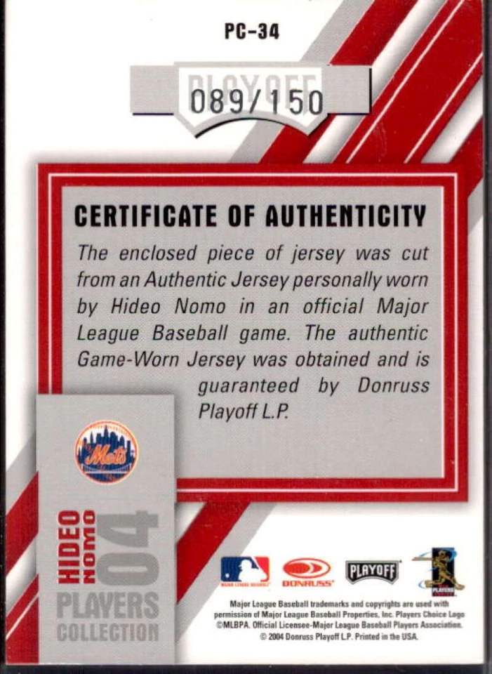 Hideo Nomo Mets Card 2004 Studio Players Collection Jersey #34  - Image 2 of 2