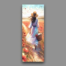 Poppy Field Bookmark - Laminated 6x2 Girl Gathering Flowers, Gift For Readers